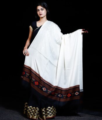 Shawl Super Fine Merino Black Kullu Border white centre 2