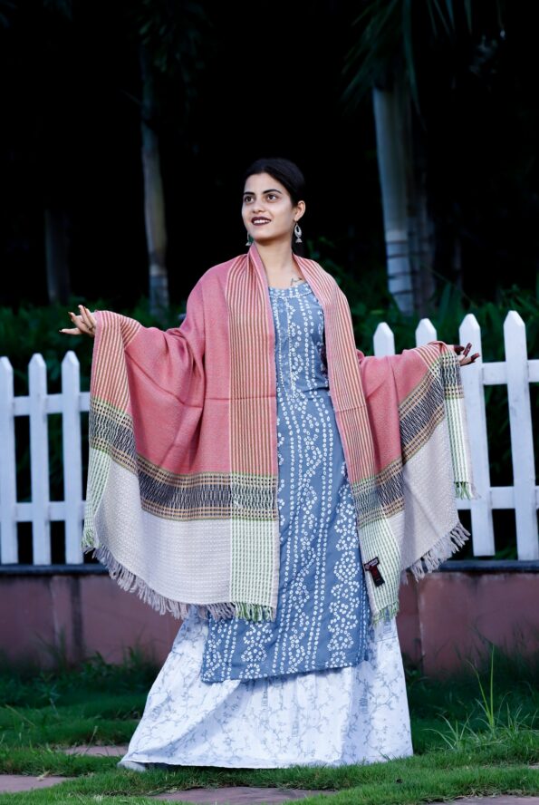 Stole-Pure-Marino-Kumaon-Pattern-Pink-White-Black-Border